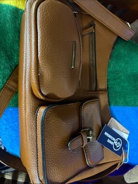 White Mountain Tan Pebbled Leather Belt Bag with Front Pockets